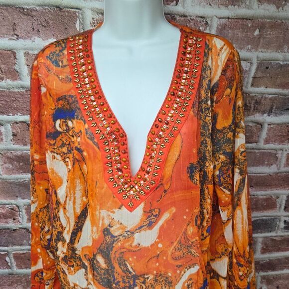 Lane Bryant Tunic 14/16 | Marble Print Beaded V Neck Flare Hem Sheer Boho Glam - Picture 3 of 7